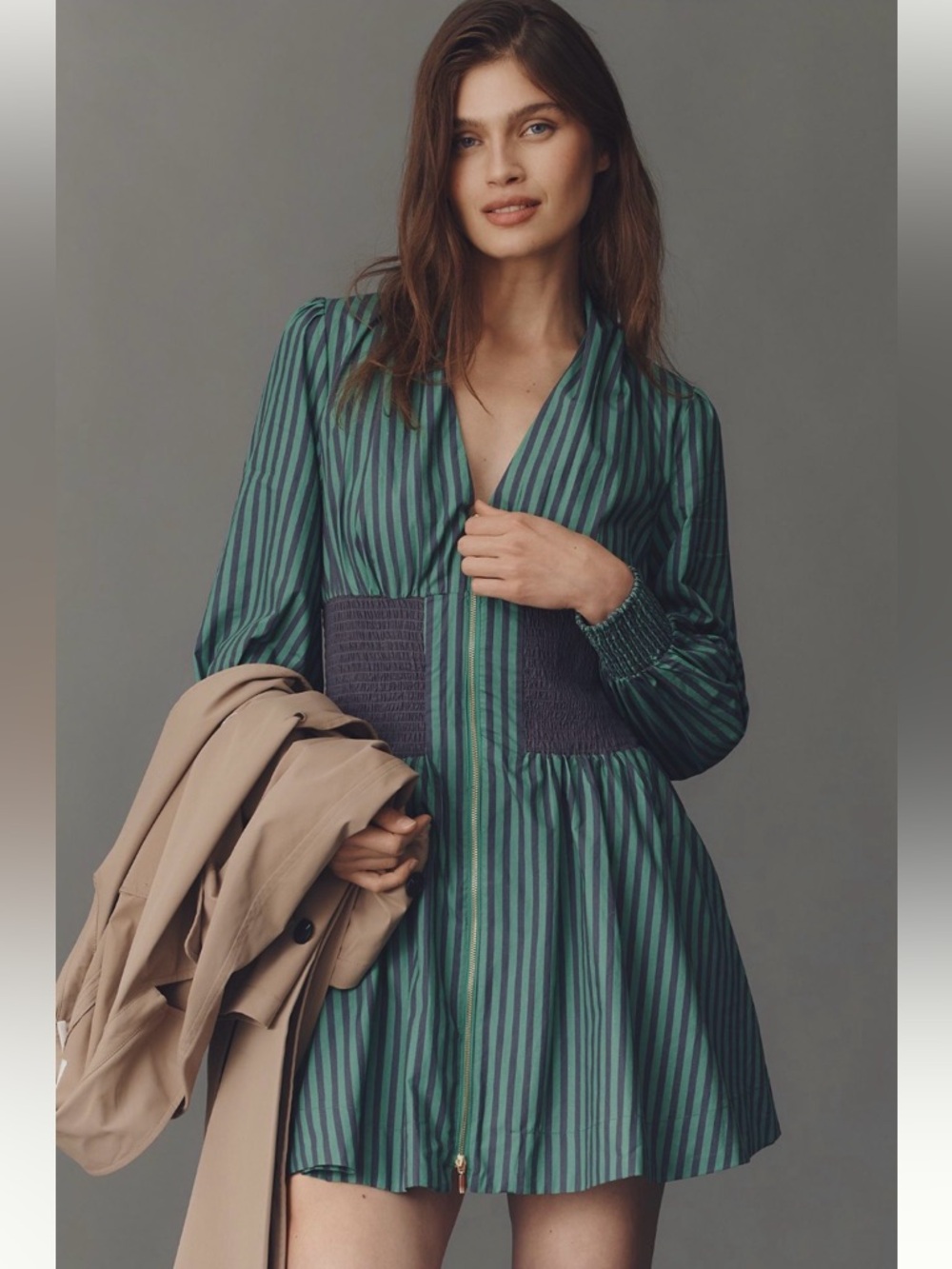 Anthropologie Tommie Preppy Coquette Striped Zip Front Mini Dress NWT XS Gold